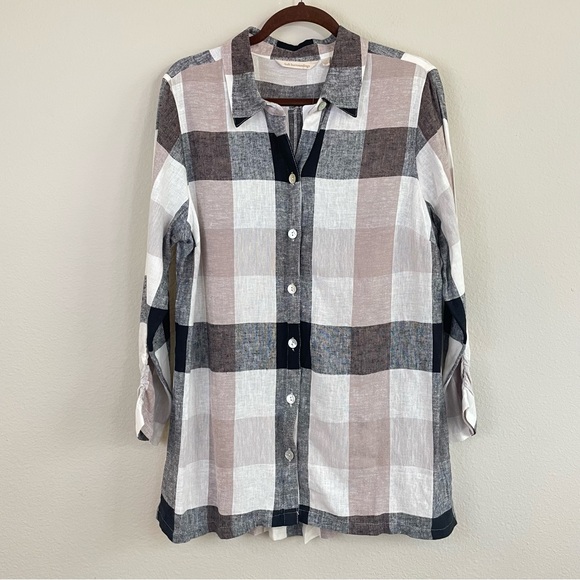 NWT Soft Surroundings Linen Blend Plaid Button Up Tunic Top Size Large - Picture 2 of 11
